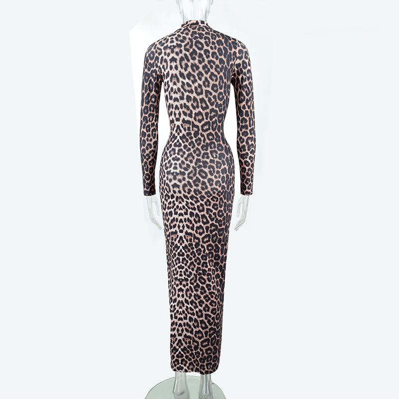 Autumn Leopard Print Stand Collar Long Sleeve Maxi Dress Women