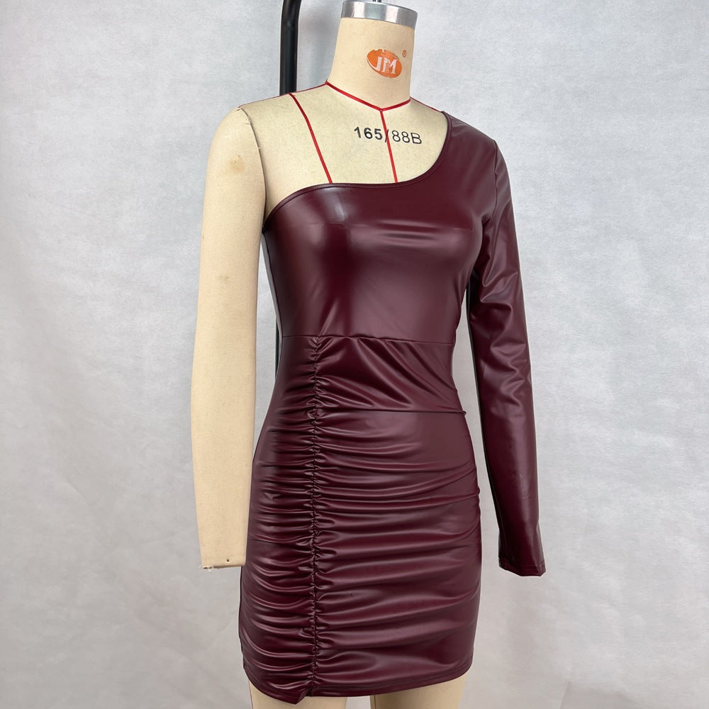 Women Clothing Sexy Oblique Shoulder Single Sleeve Ruffle Hip Dress Faux Leather Nightclub Dress