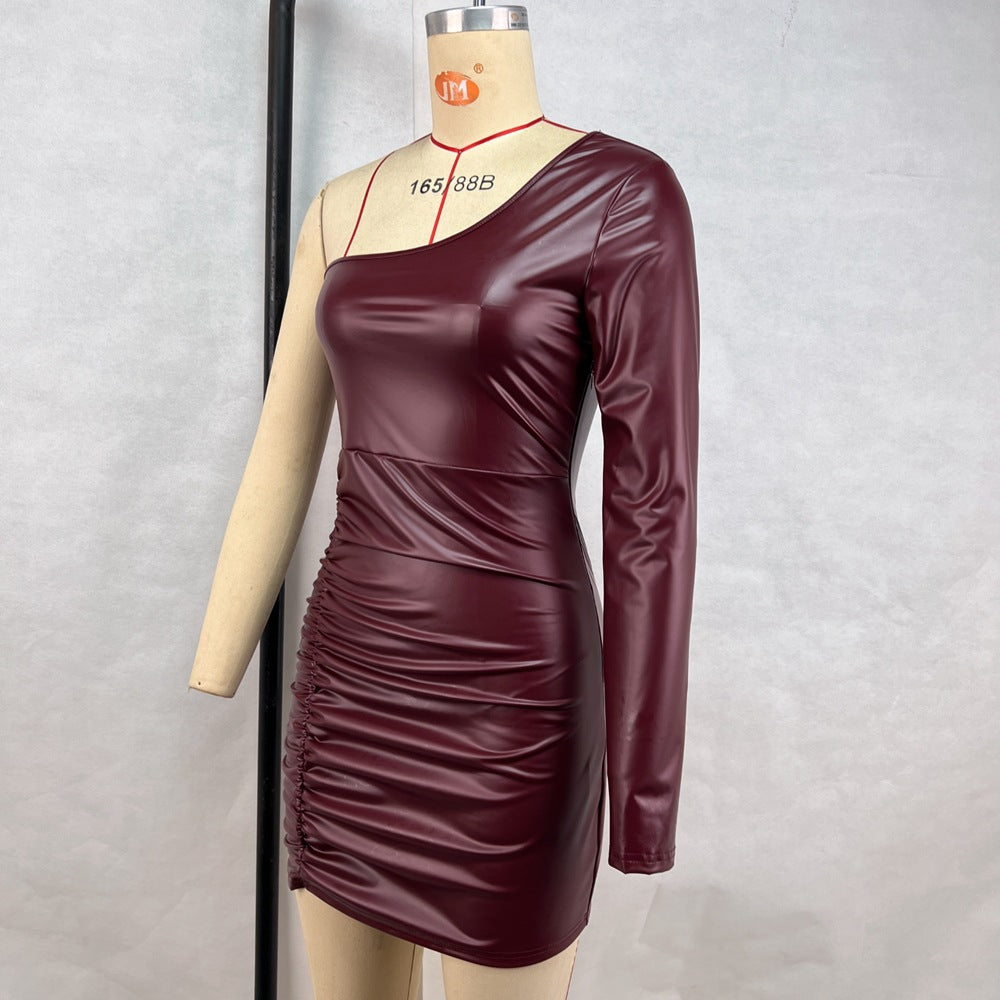 Women Clothing Sexy Oblique Shoulder Single Sleeve Ruffle Hip Dress Faux Leather Nightclub Dress