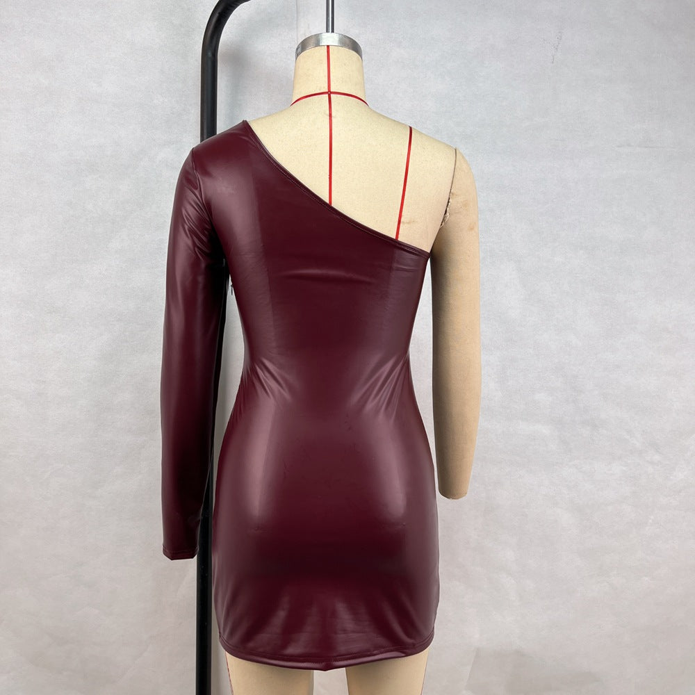 Women Clothing Sexy Oblique Shoulder Single Sleeve Ruffle Hip Dress Faux Leather Nightclub Dress