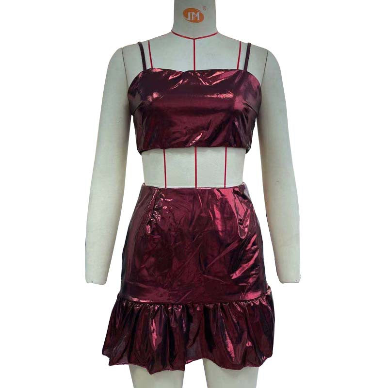 Women Short Skirt Casual Set Colorful Ice Silk Sexy Slip Dress Two Piece Set