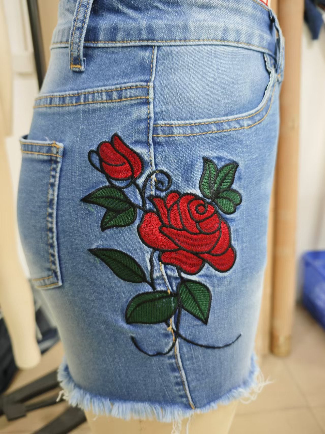 Ladies High Waist Slim Fit Side Embroidered Stretchy Burr Denim Shorts