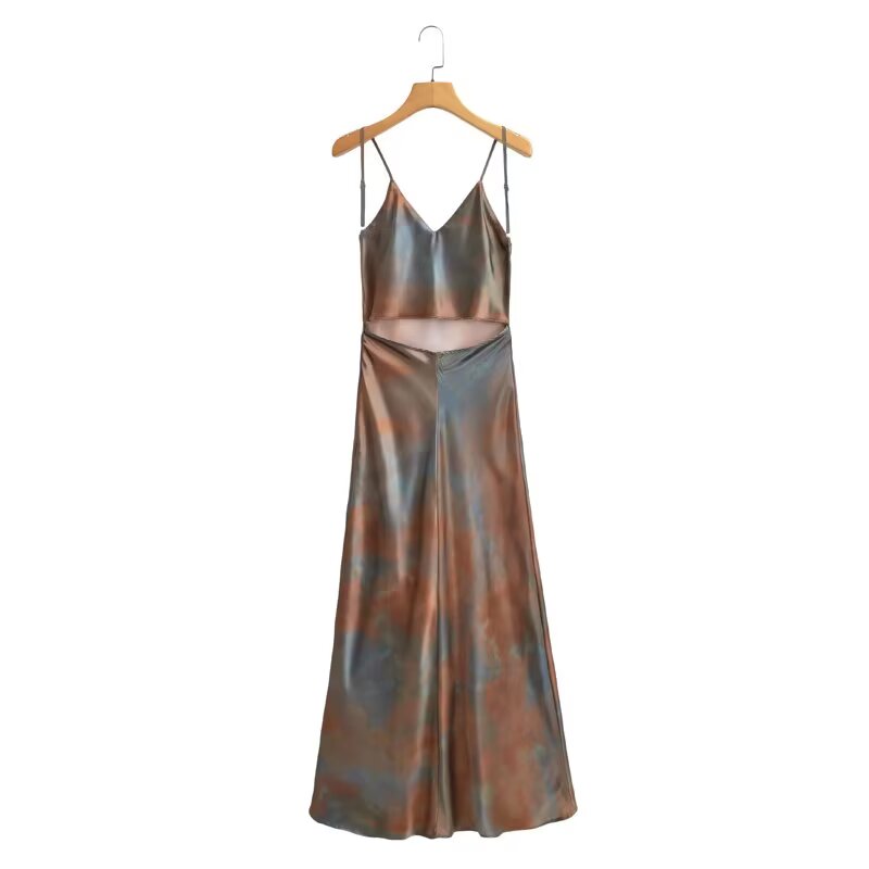 Women V neck Tight Waist Silk Satin Texture Sling Dress Spring Women