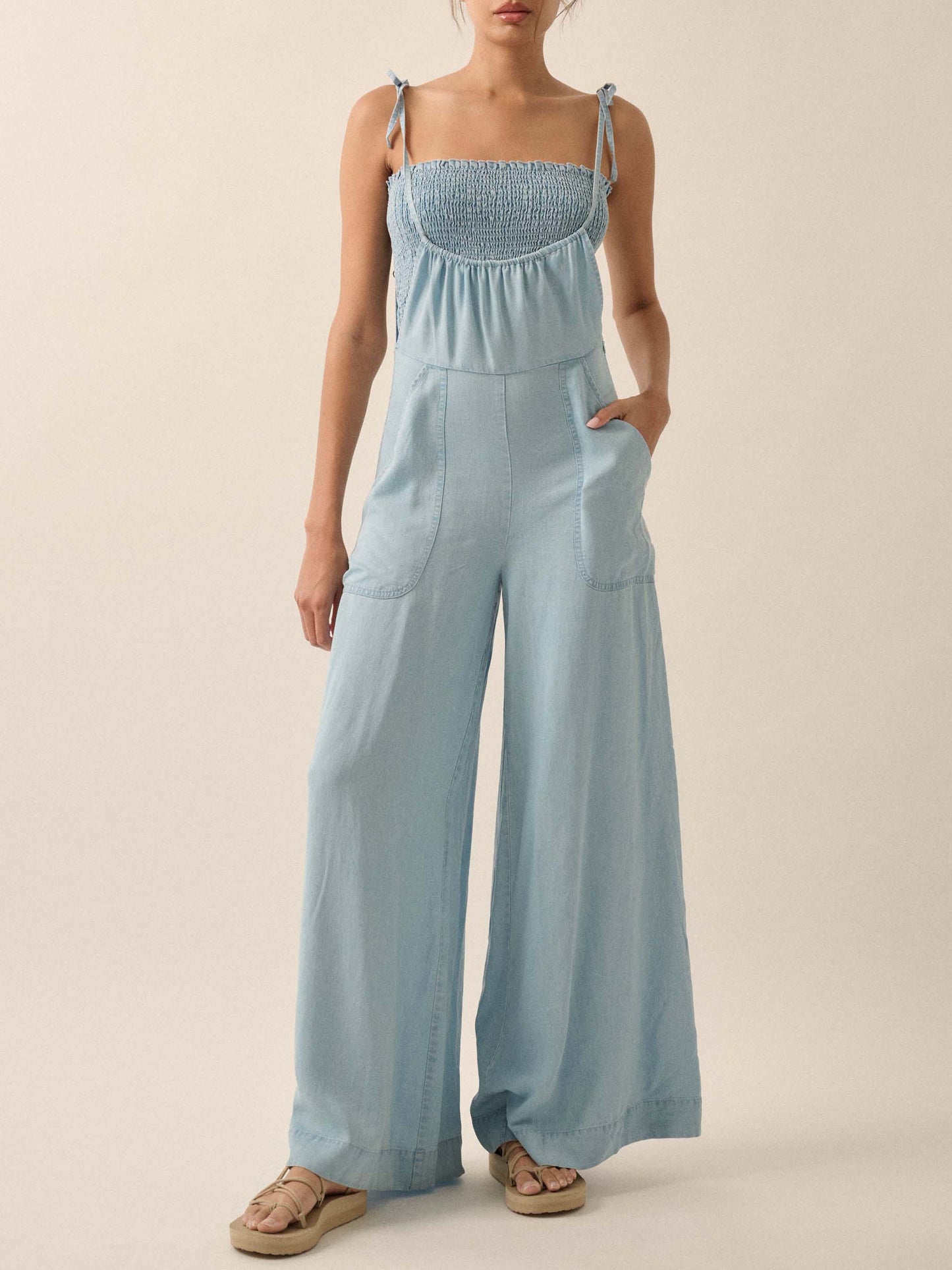 Ladies Summer French Elegant Denim Wrapped Chest Strap Wide Two Piece Set Leg Jumpsuit