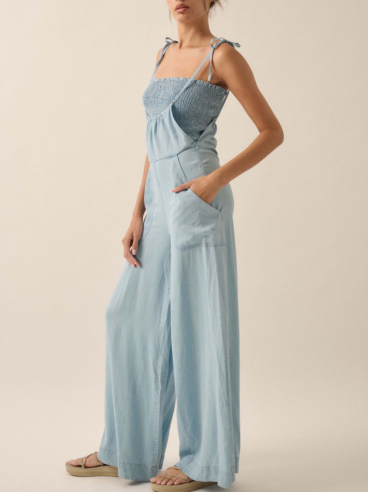 Ladies Summer French Elegant Denim Wrapped Chest Strap Wide Two Piece Set Leg Jumpsuit