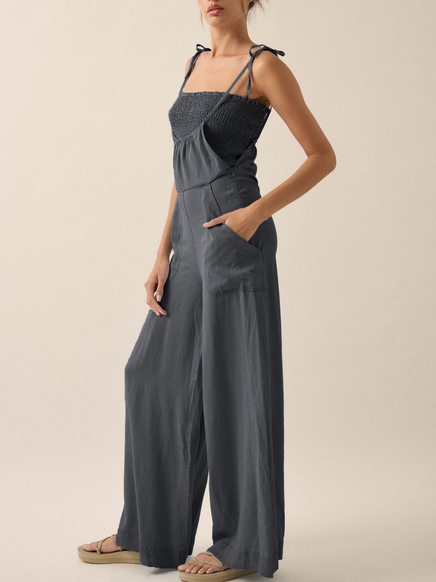 Ladies Summer French Elegant Denim Wrapped Chest Strap Wide Two Piece Set Leg Jumpsuit
