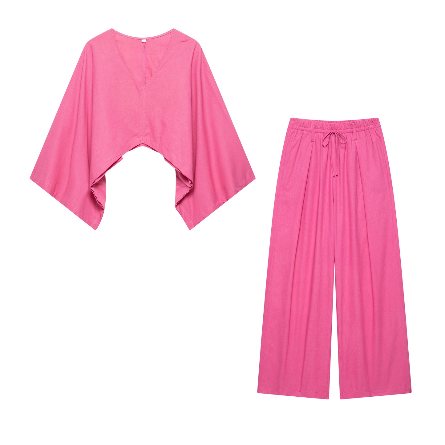 Summer Linen Blended Cape Kimono Coat Wide Leg Pants Two Piece Sets Women