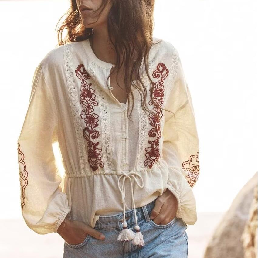 Summer Women All Match Lace Embroidered Pullover round Neck Long Sleeves Shirt