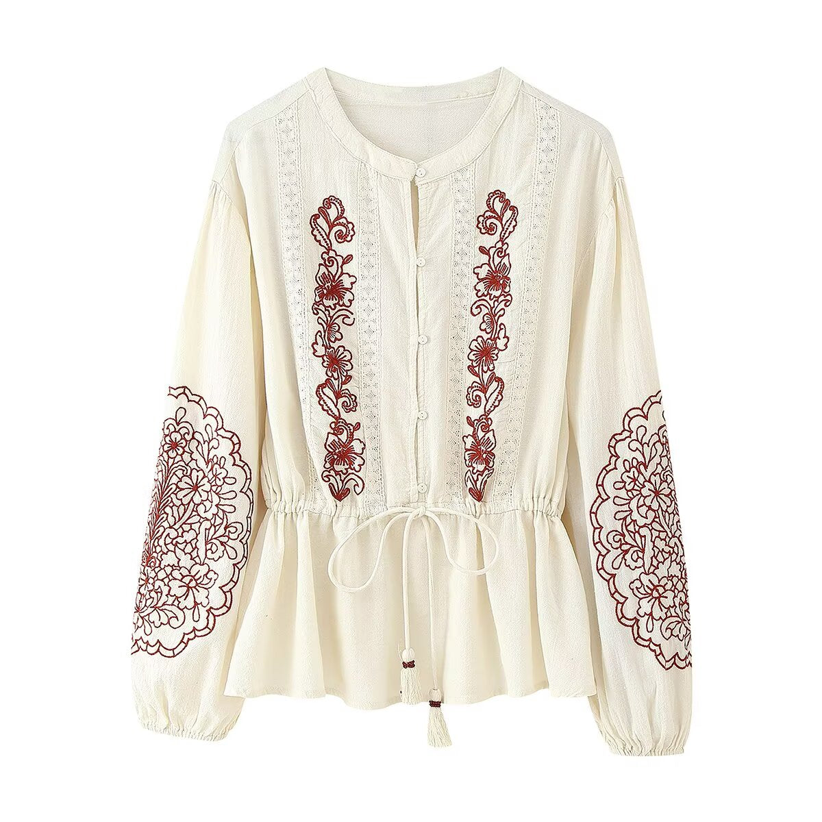 Summer Women All Match Lace Embroidered Pullover round Neck Long Sleeves Shirt