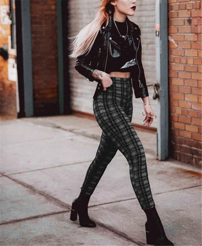 Popular Plaid High Waist Leggings Women Casual Pants Stretch Feet Pants Pencil Pants