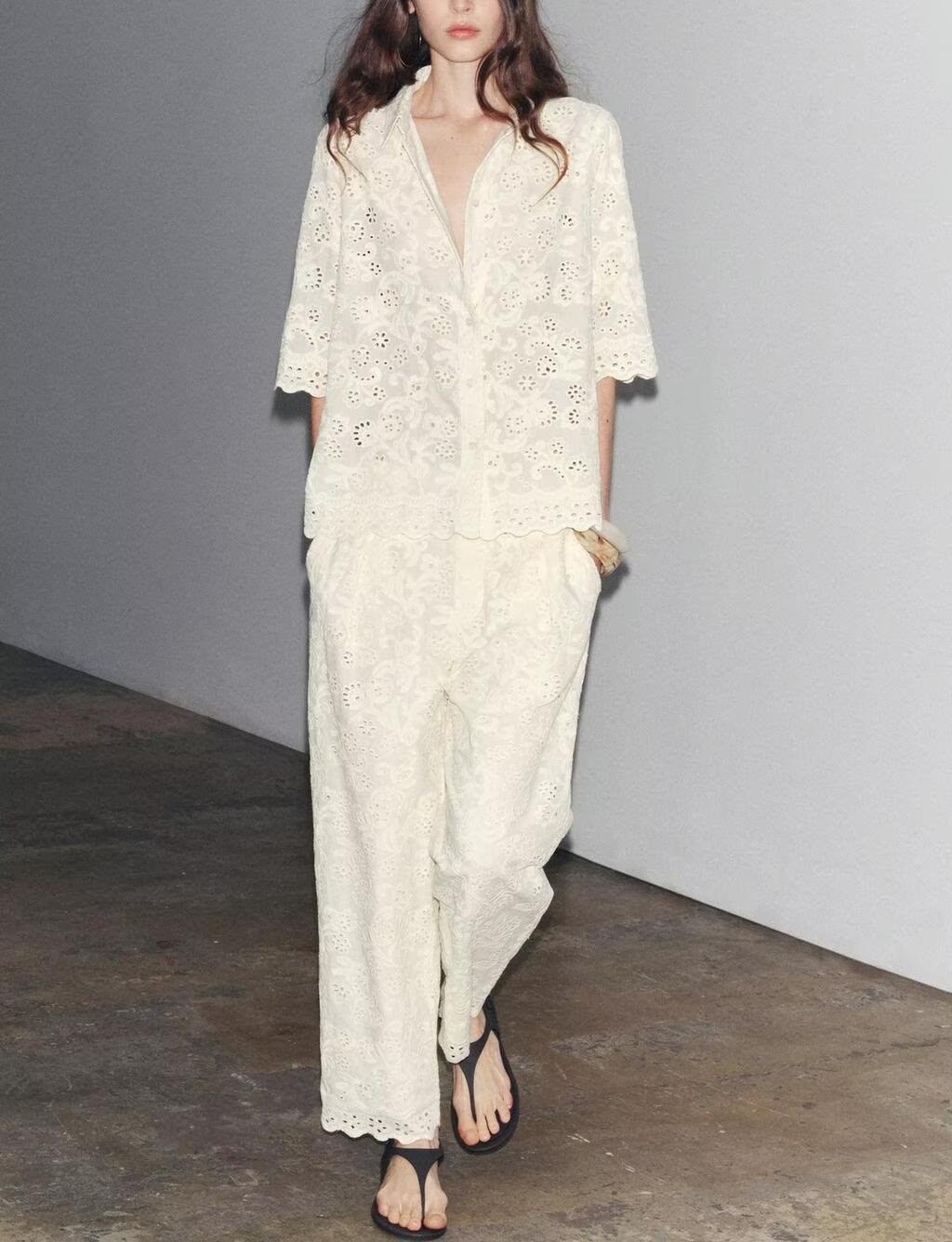 Summer Hollow Out Cutout Embroidered Shirt Pants Sets