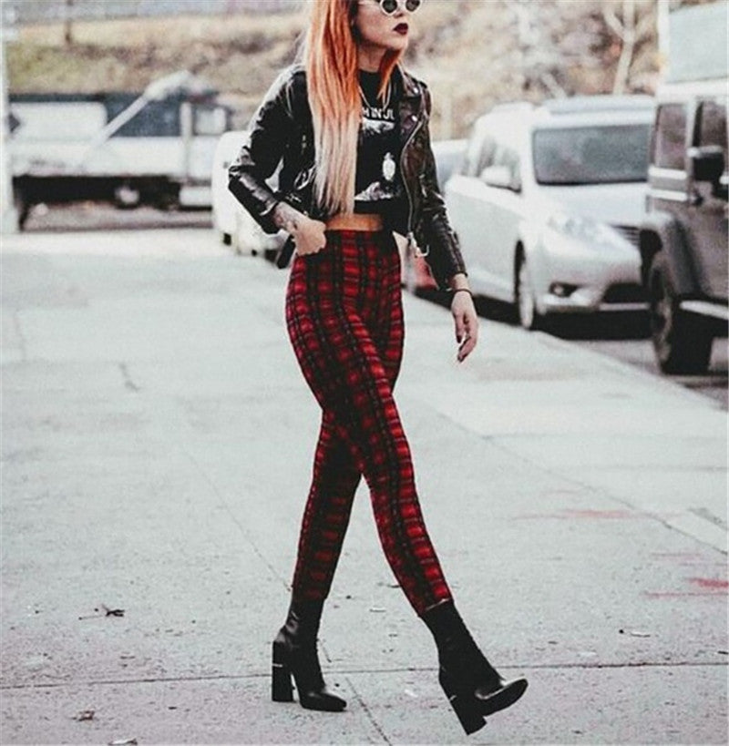 Popular Plaid High Waist Leggings Women Casual Pants Stretch Feet Pants Pencil Pants
