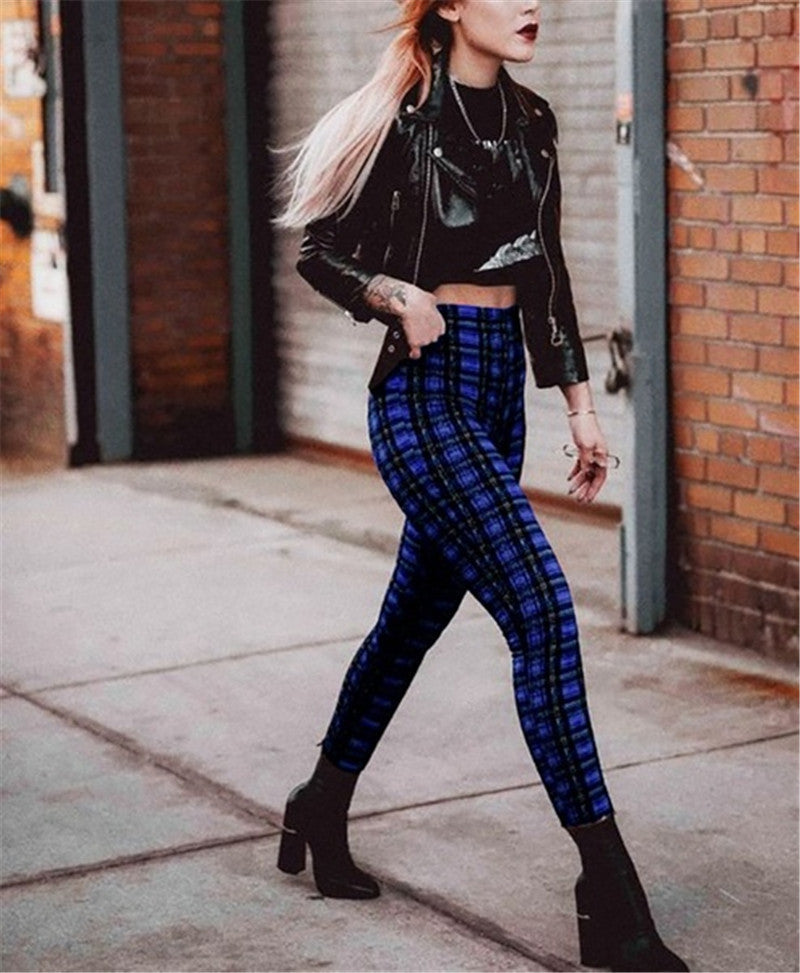 Popular Plaid High Waist Leggings Women Casual Pants Stretch Feet Pants Pencil Pants