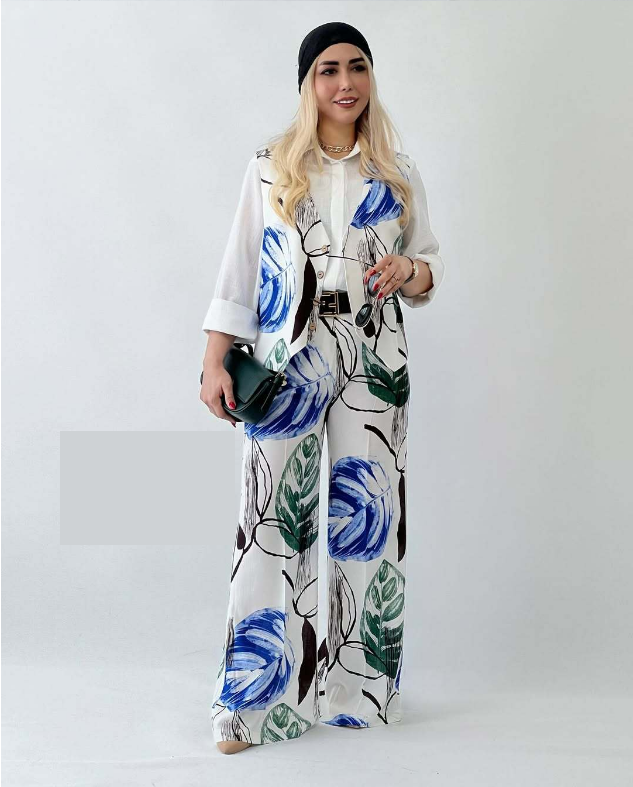 Women Clothing Linen like Printed Fashionable All Match Vest Wide Leg Pants Two Piece Sets