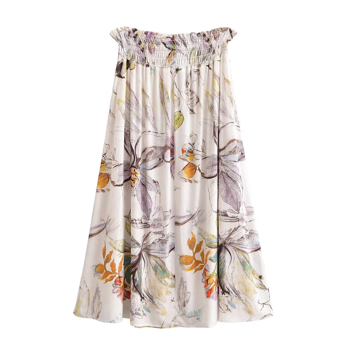 Rayon Printed Elastic Waist Vacation Casual Skirt Summer Midi Dress Women