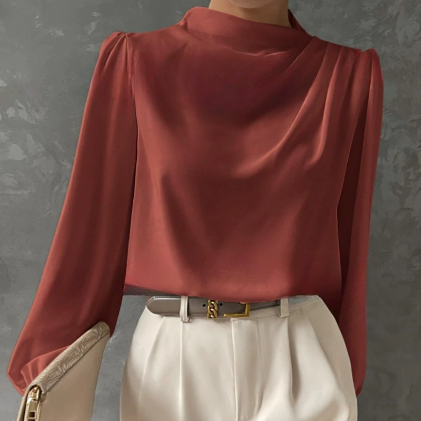 Solid Color Pleated Women Shirt Elegant Pullover Satin Top Office Long Sleeve Top