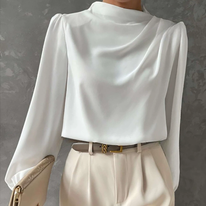 Solid Color Pleated Women Shirt Elegant Pullover Satin Top Office Long Sleeve Top
