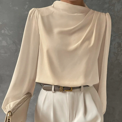 Solid Color Pleated Women Shirt Elegant Pullover Satin Top Office Long Sleeve Top