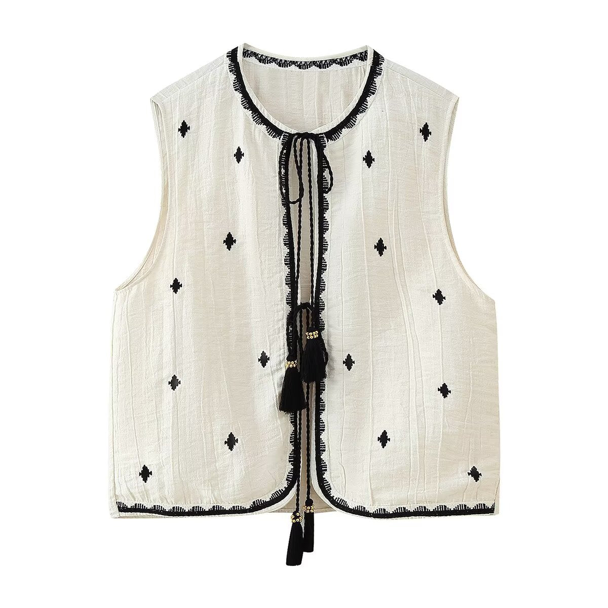 Sleeveless Shirt Top Women Retro Slimming Embroidered Vest Short Sets