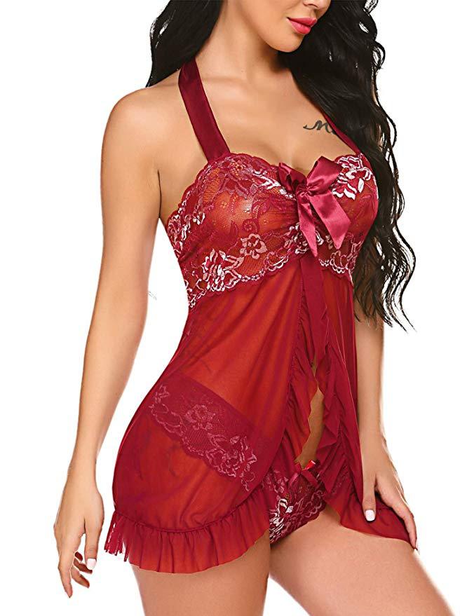 Sexy Lingerie plus Size Sexy Lace Stitching Mesh Transparent Halter Bow Ultra Short Pajamas