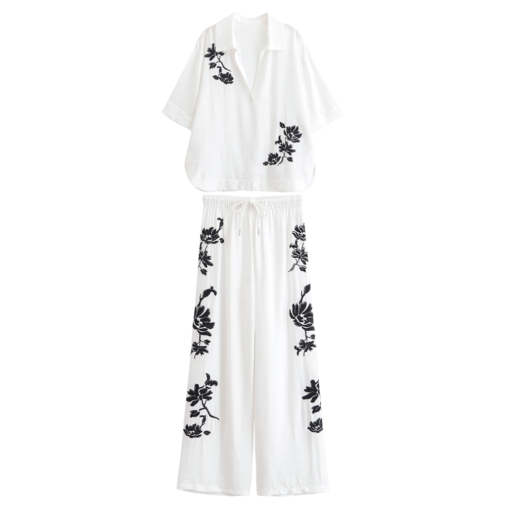 Summer Women Office Loose Sequ Embroidered Shirt High Waist Trousers Set