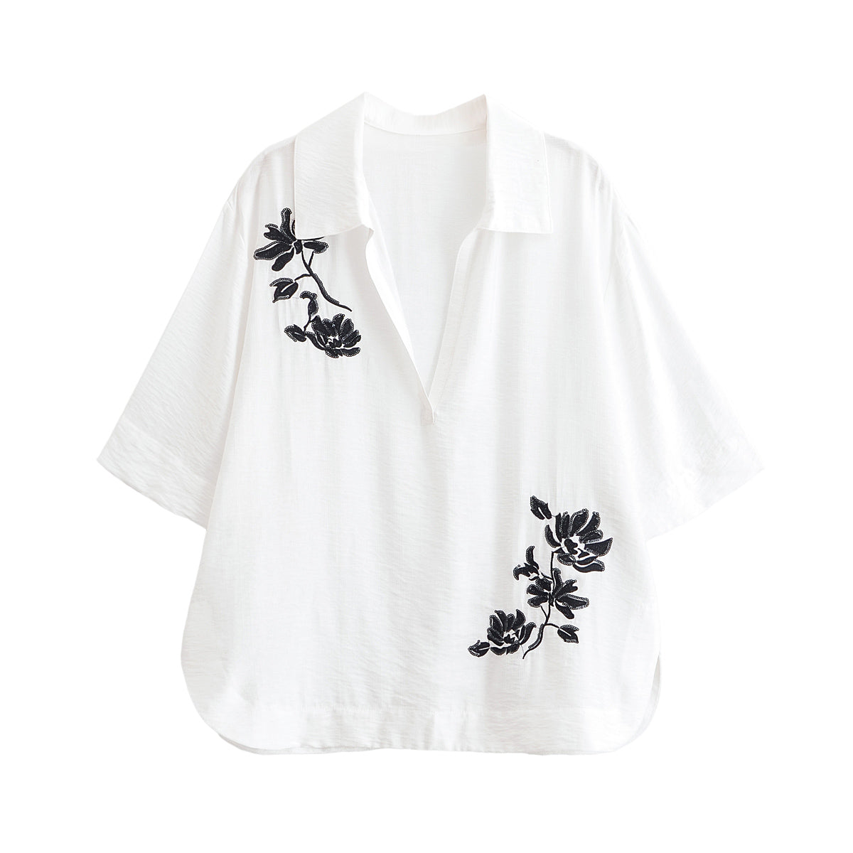 Summer Women Office Loose Sequ Embroidered Shirt High Waist Trousers Set