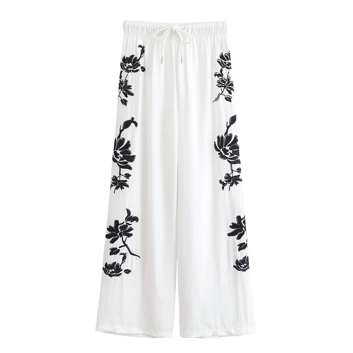 Summer Women Office Loose Sequ Embroidered Shirt High Waist Trousers Set