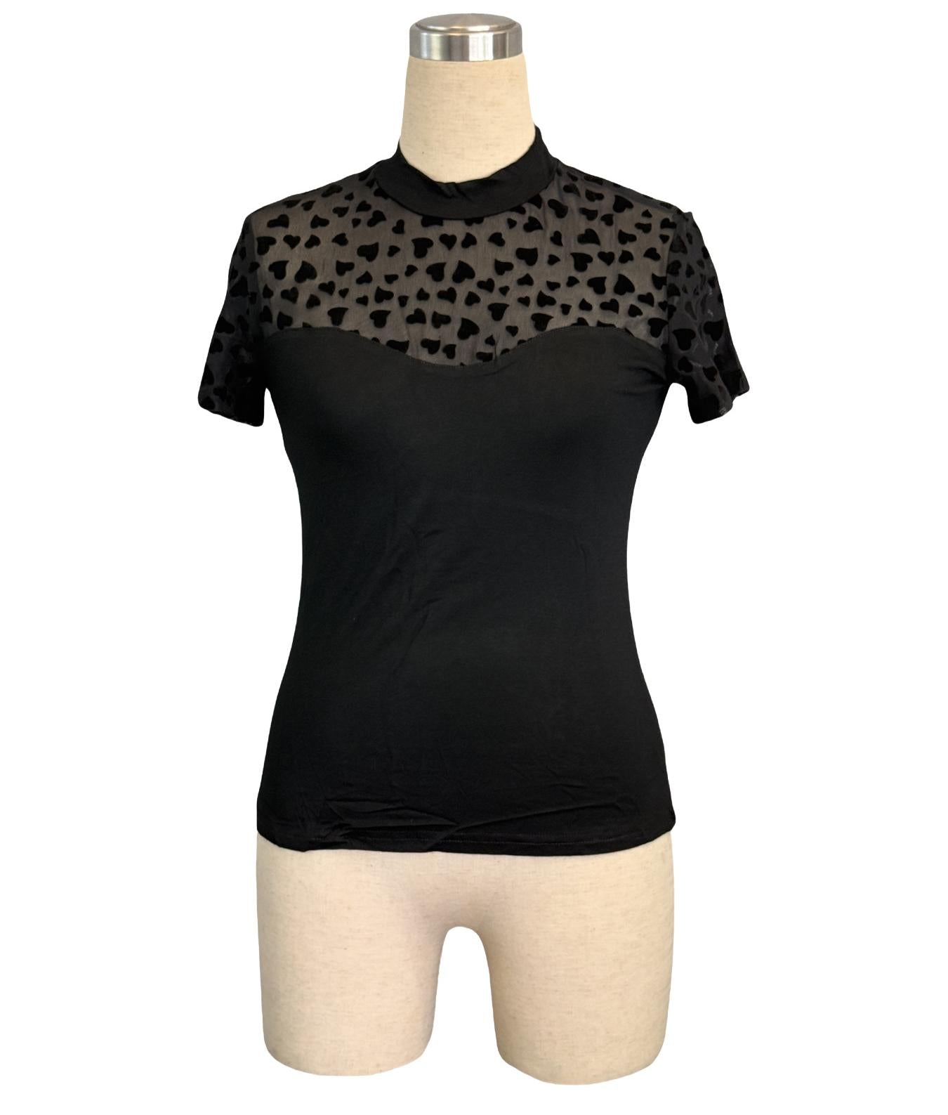Mesh Heart Shaped Multi Part Short Sleeve Small Stand Collar Slim T shirt Top Women Sexy