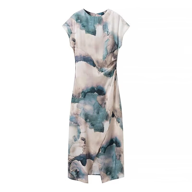 Women Wear Summer Round Neck Slim Fit Pleated Tie Dyed Satin Texture Dress