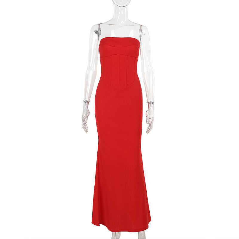 Autumn Long Dress Socialite Elegant Sexy Slim Waist Tube Top Dress