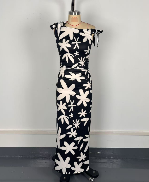 Dress Women Fashionable Floral One Shoulder Ruffled Waist Tight Dress