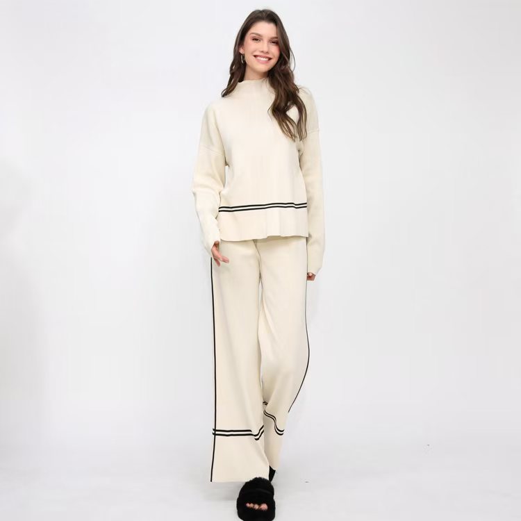 Women Winter Loose Knitted Long Sleeved Round Neck Sweater And Pants Two Piece Set