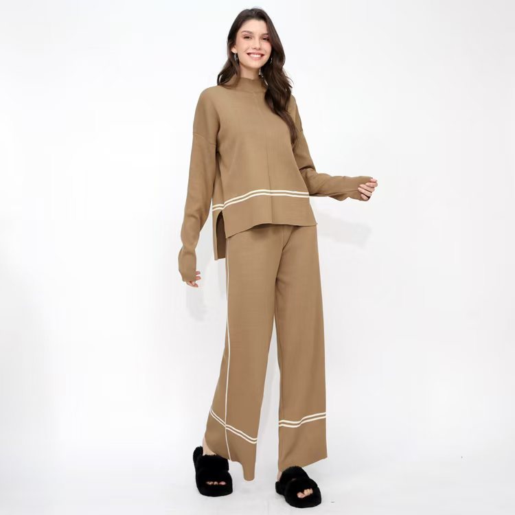 Women Winter Loose Knitted Long Sleeved Round Neck Sweater And Pants Two Piece Set