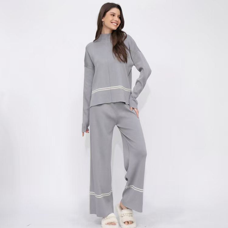Women Winter Loose Knitted Long Sleeved Round Neck Sweater And Pants Two Piece Set