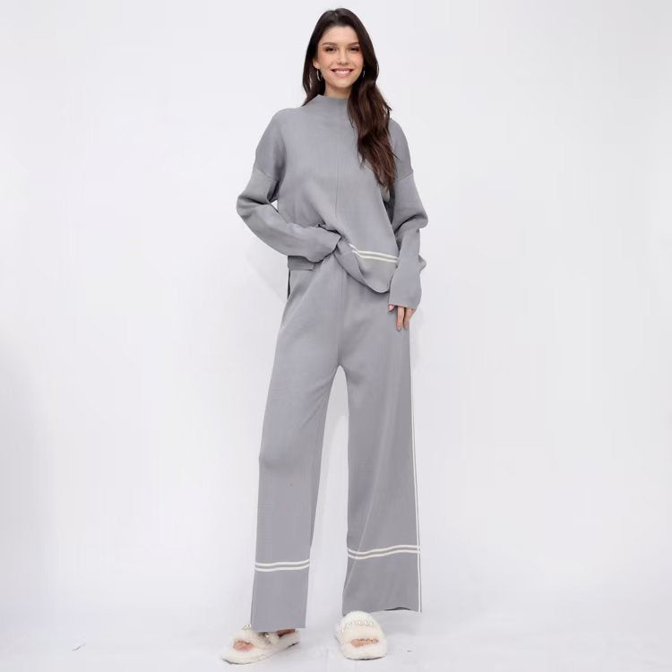 Women Winter Loose Knitted Long Sleeved Round Neck Sweater And Pants Two Piece Set