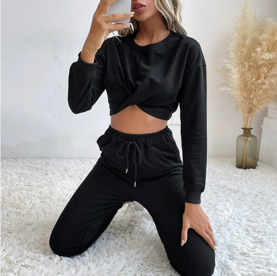 Platform Black Short Sweater Sports Casual Two Piece Sets