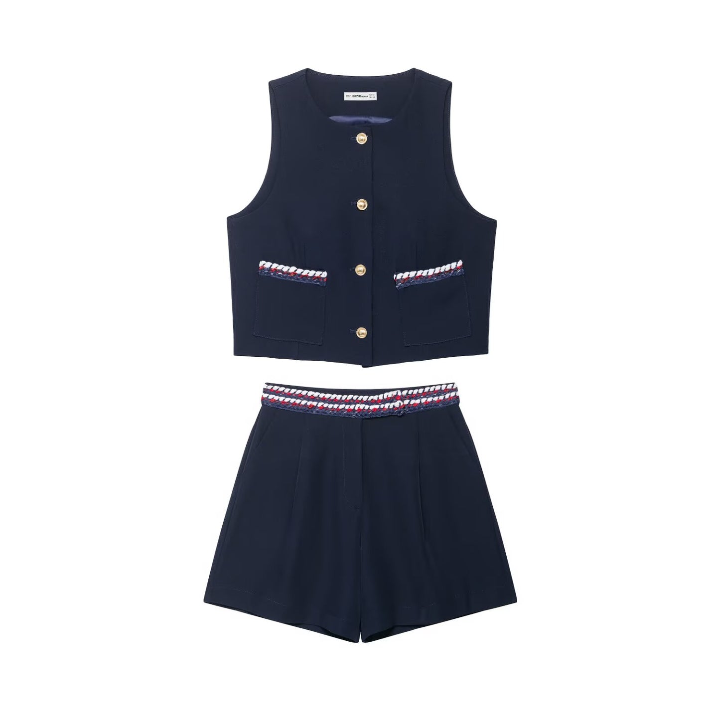 Women Clothing Summer Fancy Trim Vest Jacket Casual Shorts Two Piece Sets