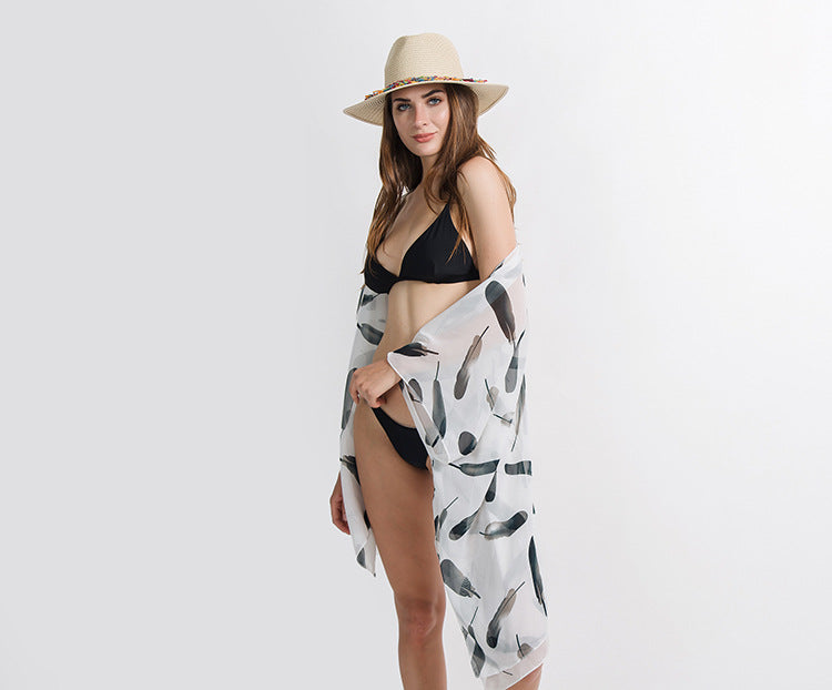 Summer Travel Feather Pattern Cardigan Beach Cover Up Swimwear Cover Up