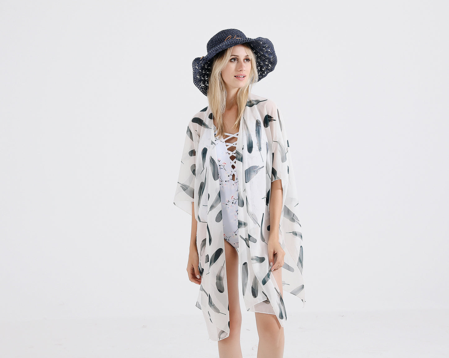 Summer Travel Feather Pattern Cardigan Beach Cover Up Swimwear Cover Up
