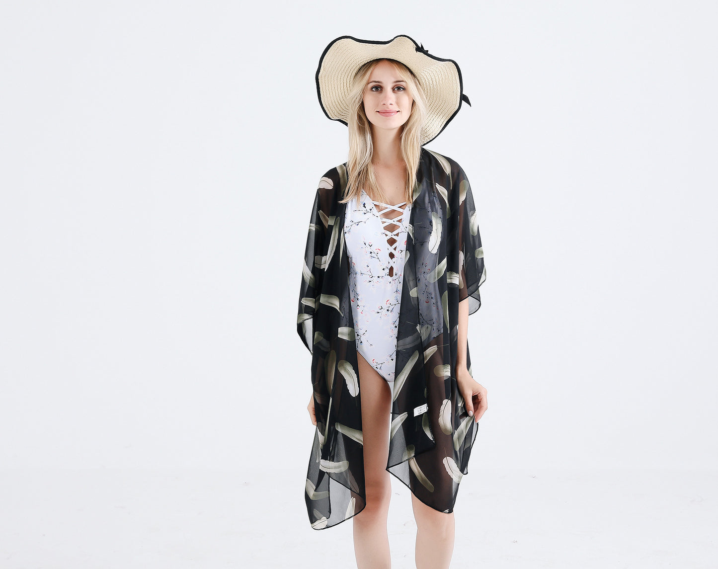 Summer Travel Feather Pattern Cardigan Beach Cover Up Swimwear Cover Up