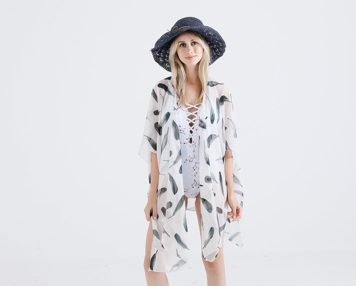 Summer Travel Feather Pattern Cardigan Beach Cover Up Swimwear Cover Up