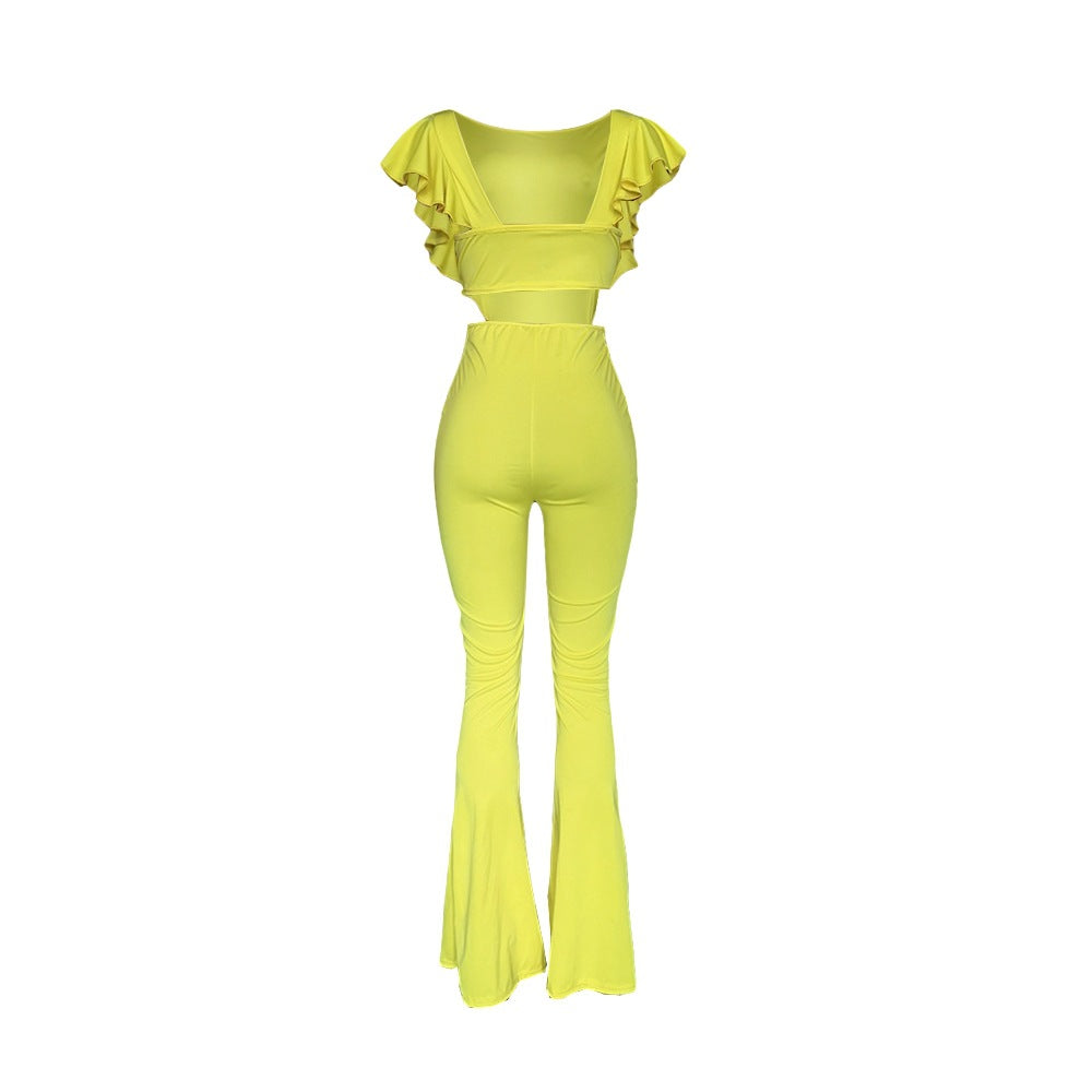 Women Clothing Sexy Women Clothing Flying Sleeves Solid Color Wide Leg Flared Jumpsuit