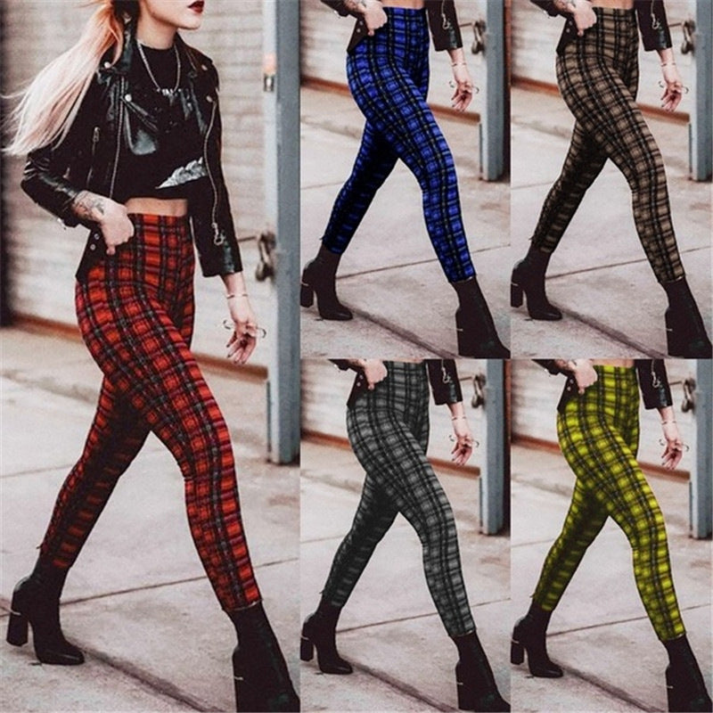 Popular Plaid High Waist Leggings Women Casual Pants Stretch Feet Pants Pencil Pants