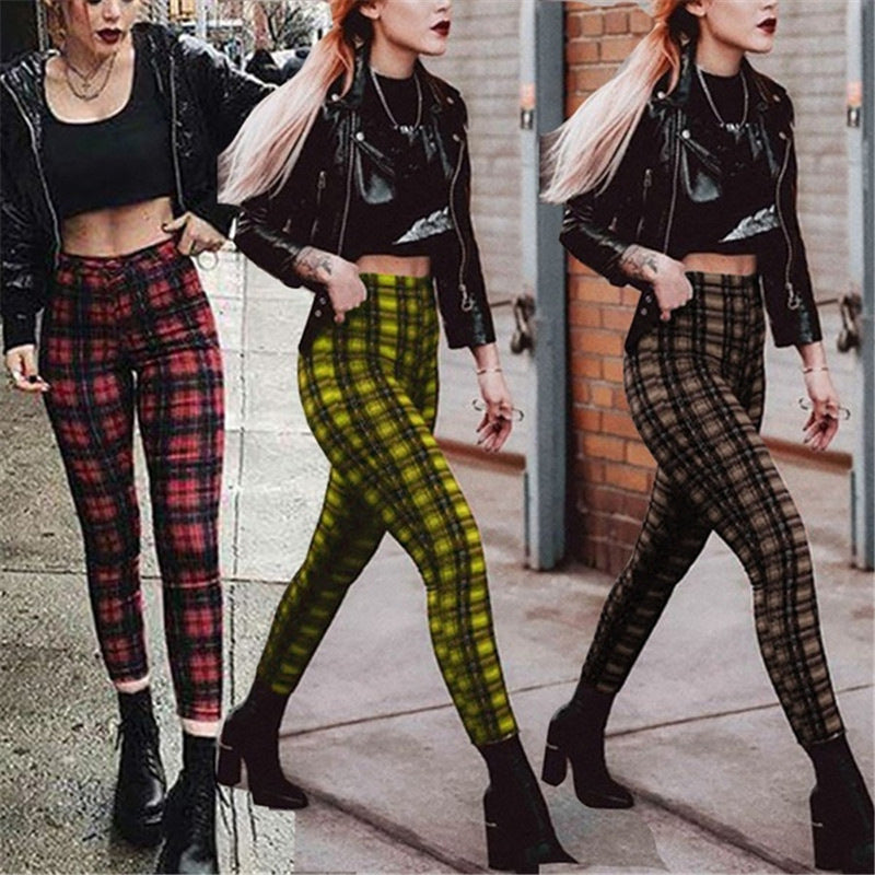 Popular Plaid High Waist Leggings Women Casual Pants Stretch Feet Pants Pencil Pants