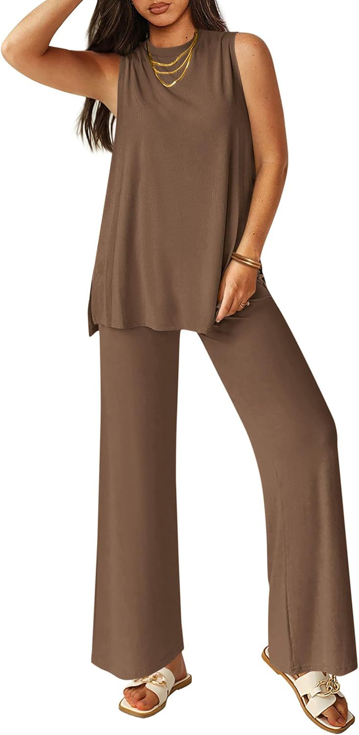 Two Piece Set Casual Set Summer Casual Loose Vest Wide Leg Pants Matching Travel Set Sportswear