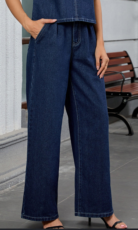 Women Clothing Autumn Washed Solid Color Denim Top Work Pant Sets