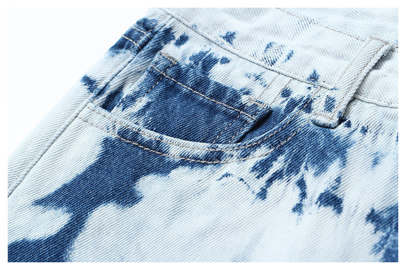 Positioning Tie Dye Pattern Denim Casual Shorts Straight Leg Pants Pants Women