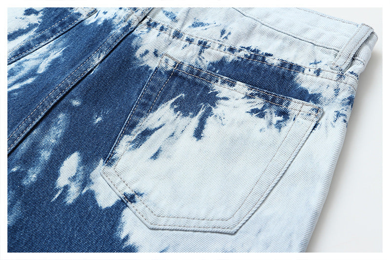 Positioning Tie Dye Pattern Denim Casual Shorts Straight Leg Pants Pants Women