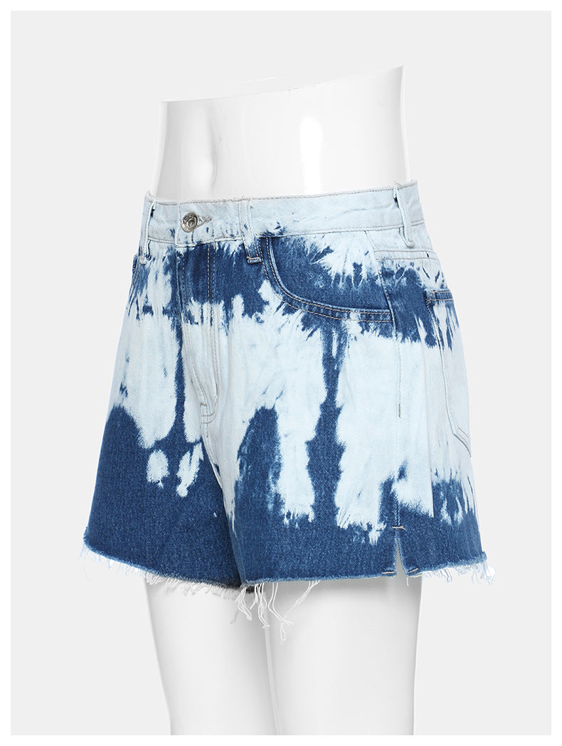 Positioning Tie Dye Pattern Denim Casual Shorts Straight Leg Pants Pants Women