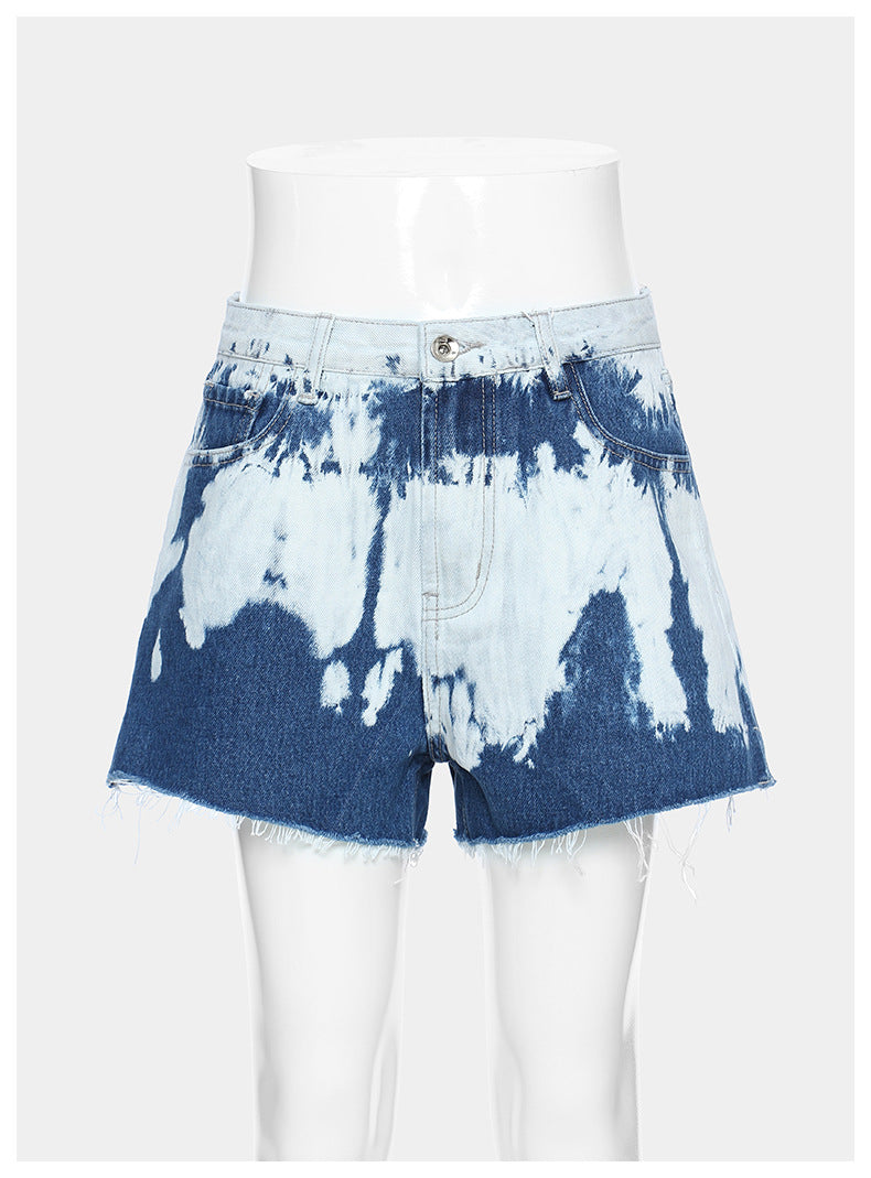 Positioning Tie Dye Pattern Denim Casual Shorts Straight Leg Pants Pants Women